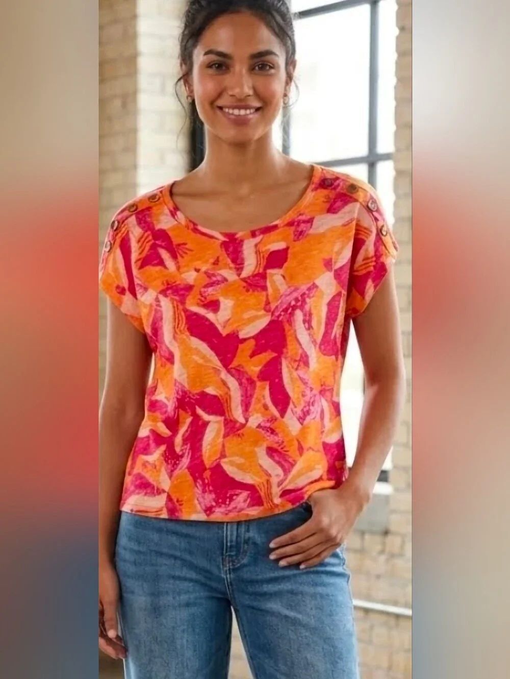 Cynthia Rowley Linen Lyocell Abstract Leaf Print Top Size M Pink Orange Women's